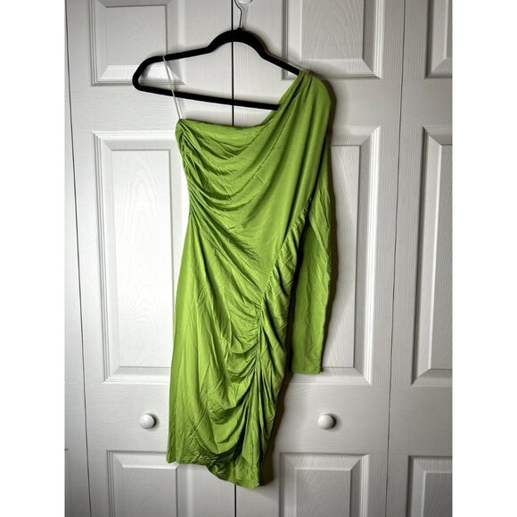 Atlein Collective Green One Shoulder Asymmetrical Mini Dress Women's Size Medium - Picture 3 of 9